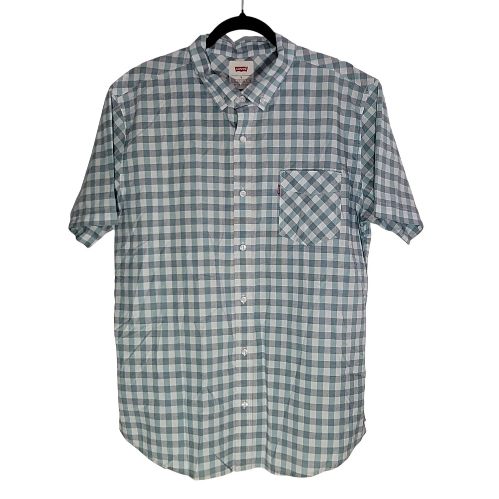 Levi's Button Down Shirt Mens XL Teal White Gingham Short Sleeve Check Plaid